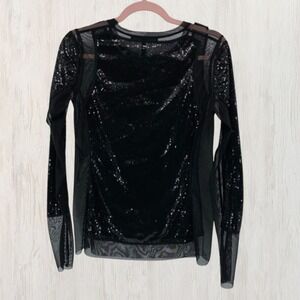 BCBGMAXAZRIA Davin Black Sequin Sheer Mesh Long Sleeve Top M Y2K Night Out